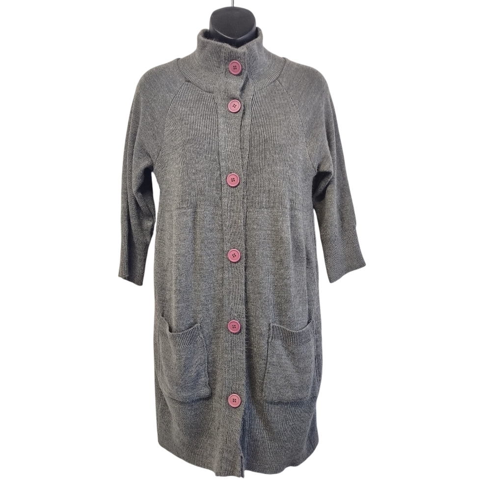 Tricot Joli USA Women's Gray Wool Blend Long Cardigan Pink Buttons Pockets Sz M